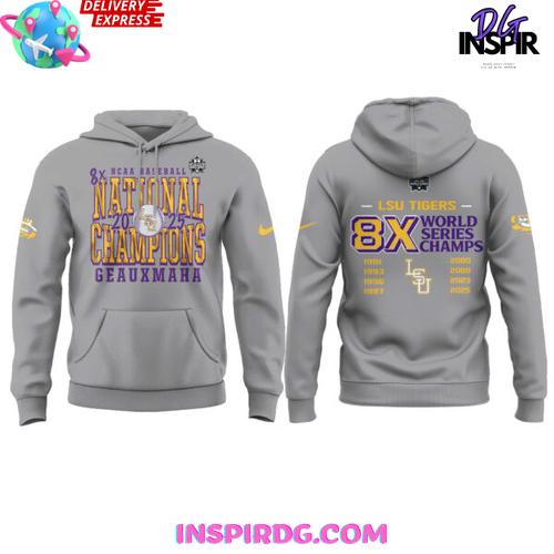 LSU Tigers 8X College World Series Champions 2025 Gray Edition Hoodie LSU Tigers 8X College World Series Champions 2025 Gray Edition Hoodie