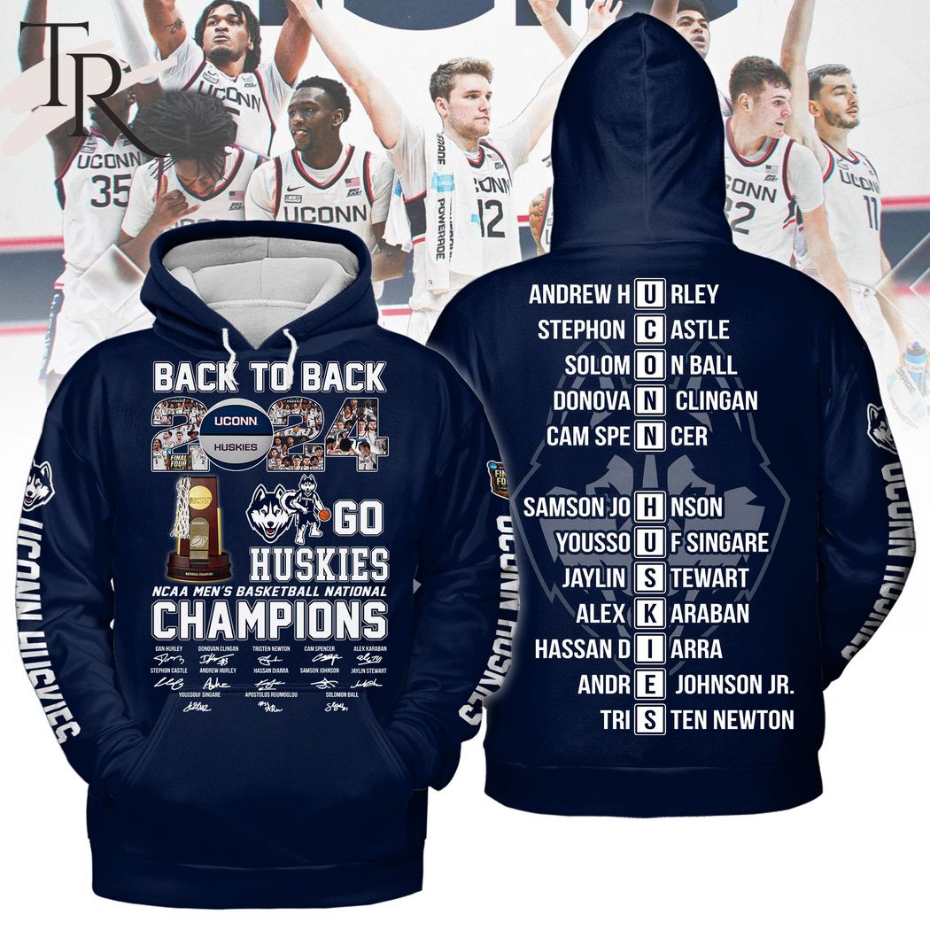 Back To Back 2024 NCAA Men's Basketball National Champions Uconn Huskies Hoodie - Navy