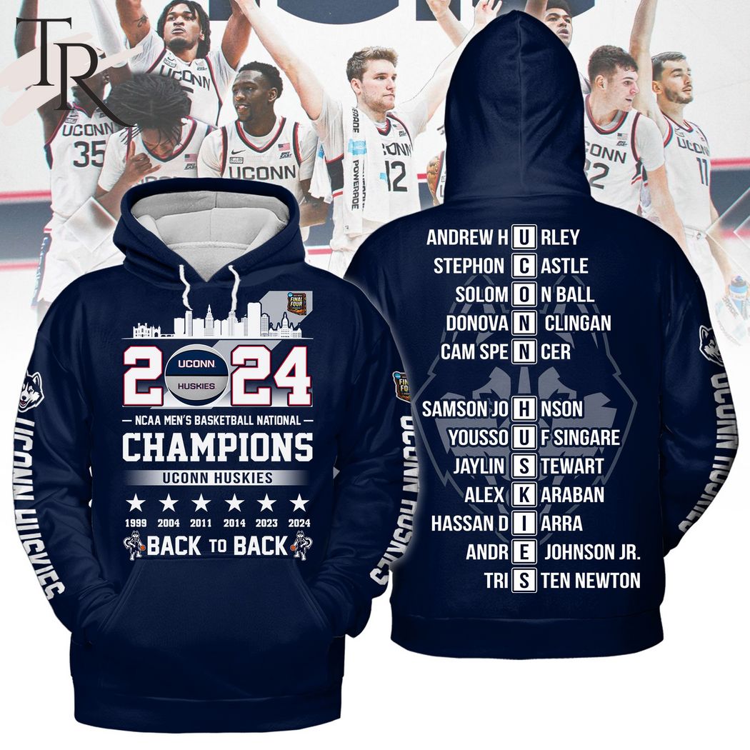 Uconn Huskies 2024 NCAA Men's Basketball National Champions Back To Back Hoodie - Navy