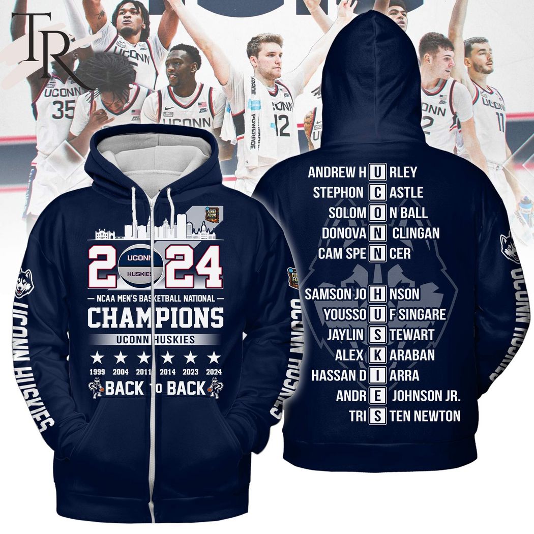 Uconn Huskies 2024 NCAA Men's Basketball National Champions Back To Back Hoodie - Navy