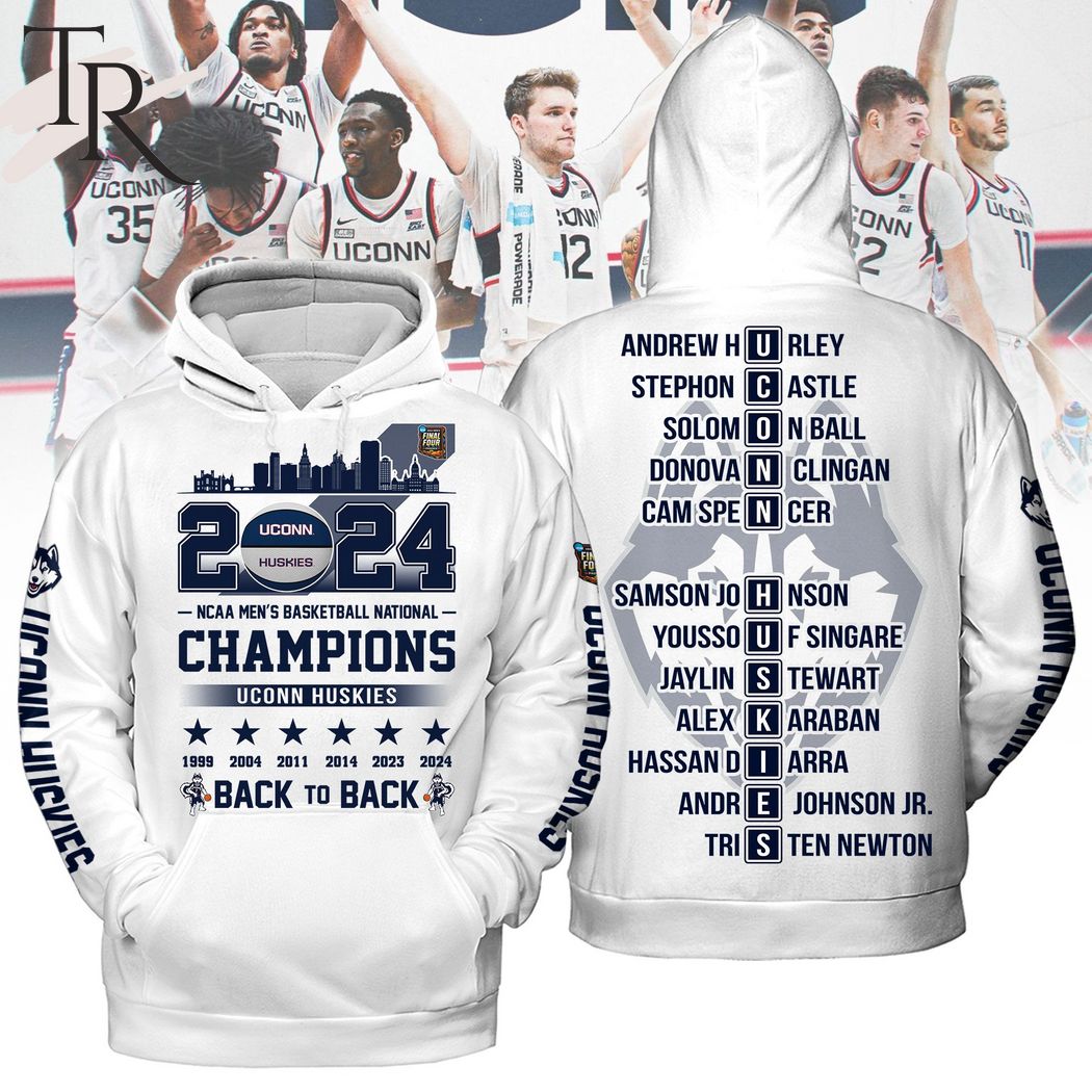 Uconn Huskies 2024 NCAA Men's Basketball National Champions Back To Back Hoodie - White