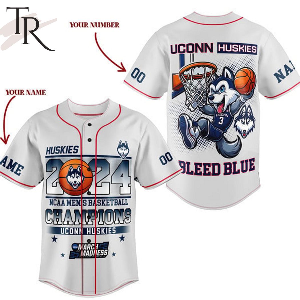 2024 NCAA Men's Basketball Champions Uconn Huskies Bleed Blue Custom Baseball Jersey - White