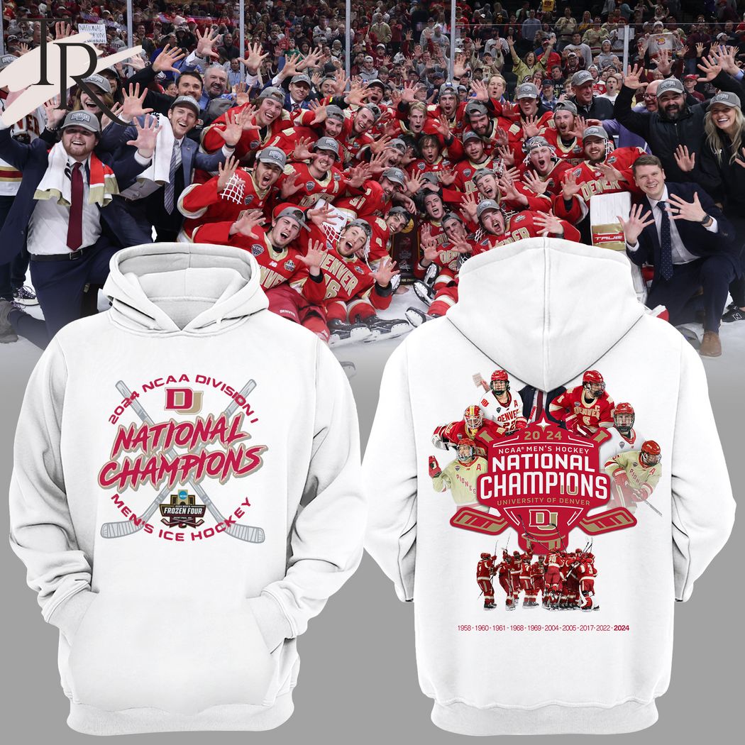 2024 NCAA Division I Men's Ice Hockey National Champions Denver Hockey Hoodie, Longpants, Cap - White