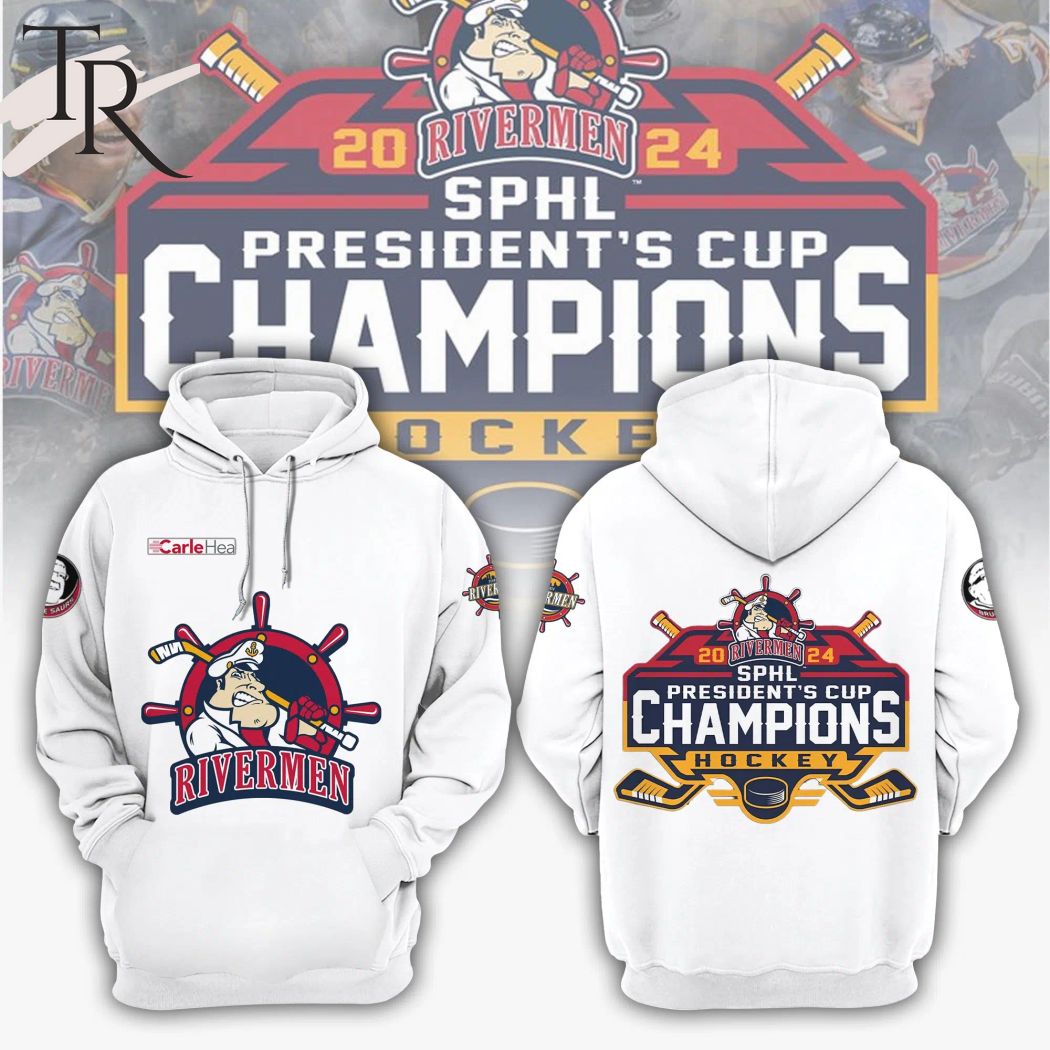 Peoria Rivermen 2024 SPHL President't Cup Champions Hockey Hoodie, Longpants, Cap - White