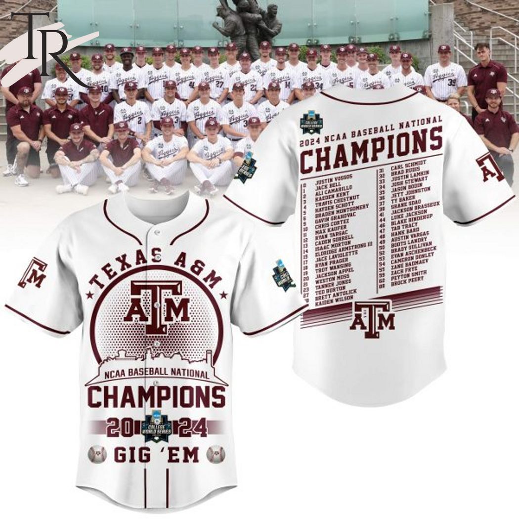 Texas A&M NCAA Baseball National Champions 2024 Gig 'Em Baseball Jersey - White