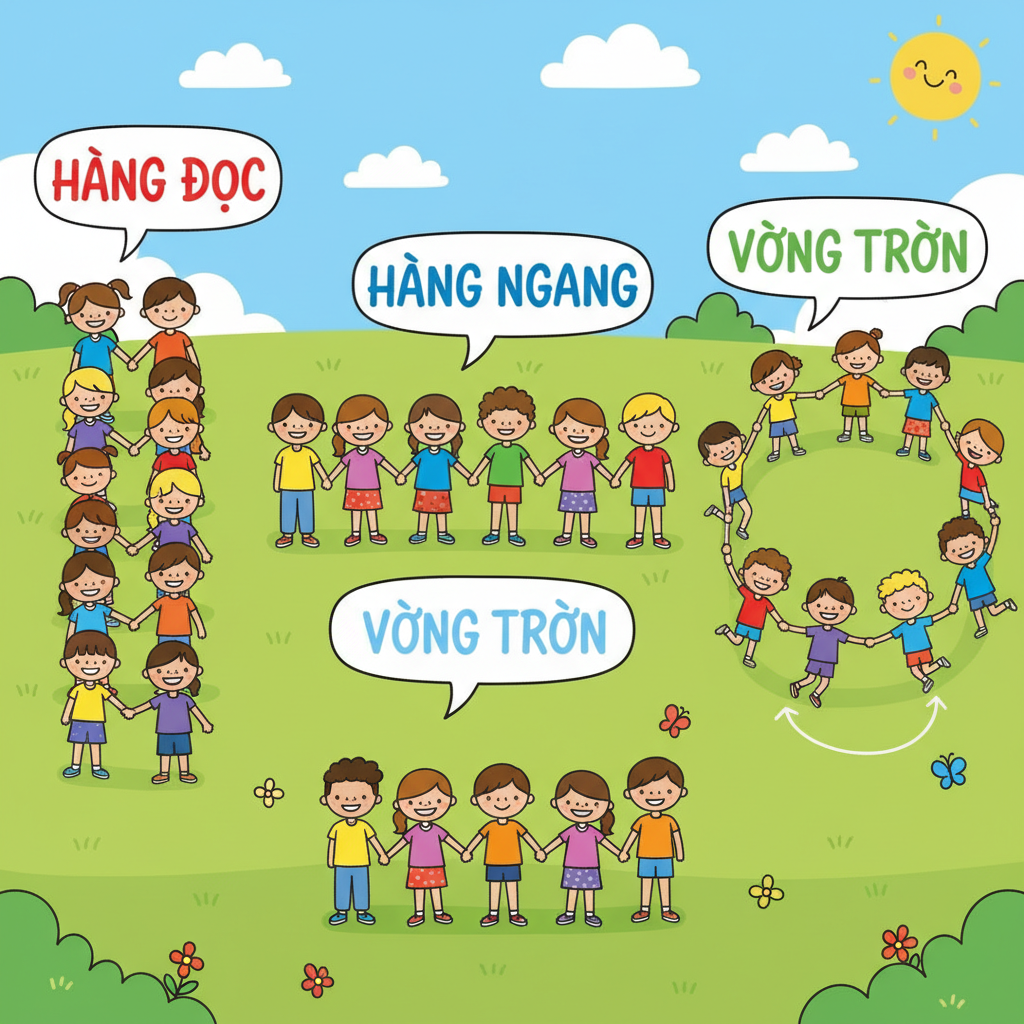 Hình ảnh minh họa các đội hình: hàng dọc, hàng ngang và vòng tròn