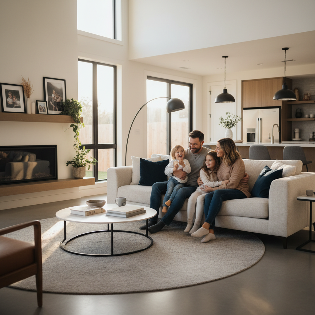 Hình ảnh minh họa về ngôi nhà và gia đình hạnh phúc