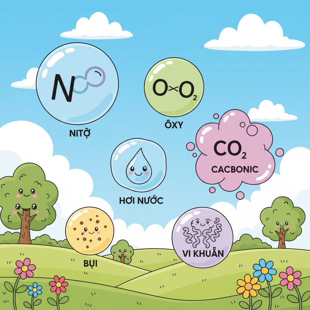 Hình ảnh minh họa các thành phần của không khí: nitơ, ôxy, cacbonic... và các sinh vật sống trong không khí