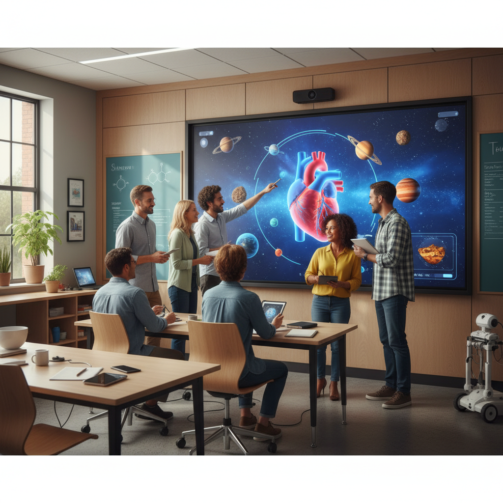 Giáo viên tương tác với học liệu 3D trên màn hình kỹ thuật số