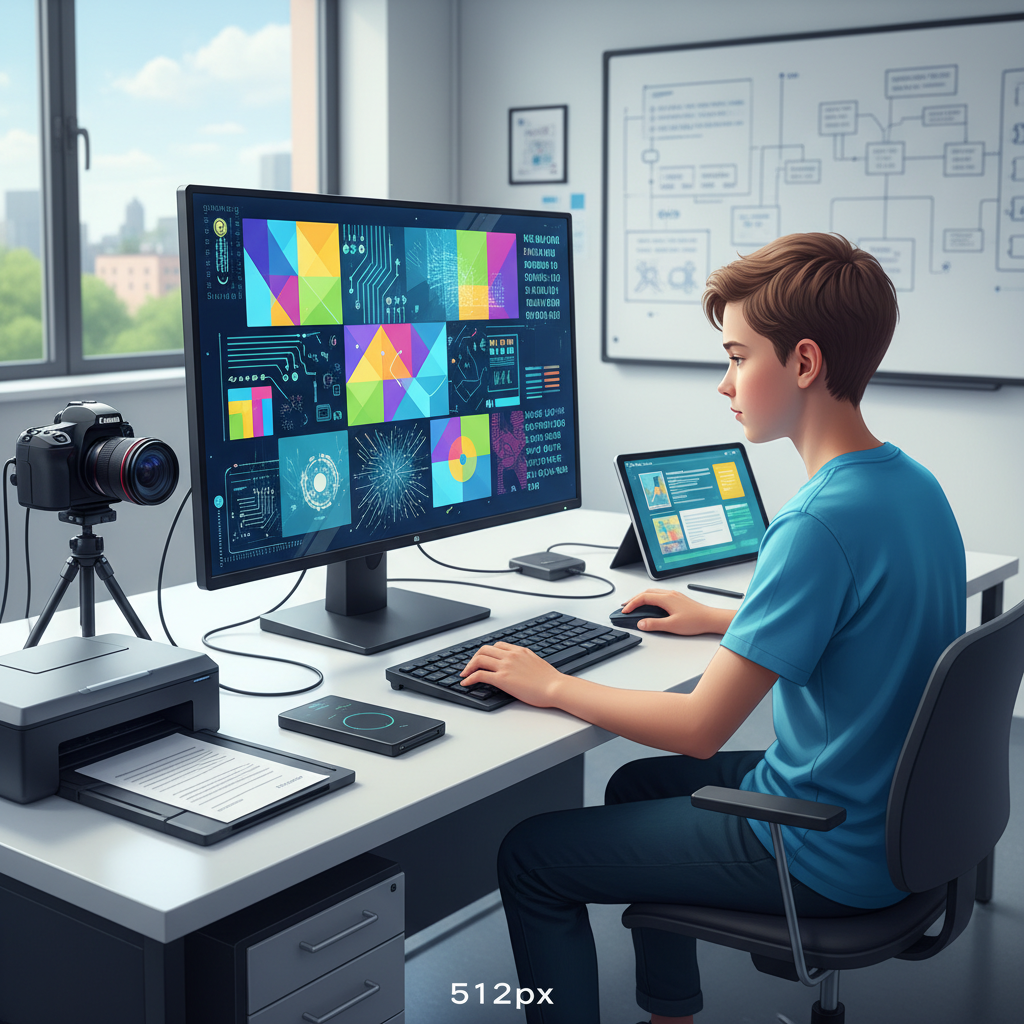 Học sinh đang làm việc với máy tính và các thiết bị số