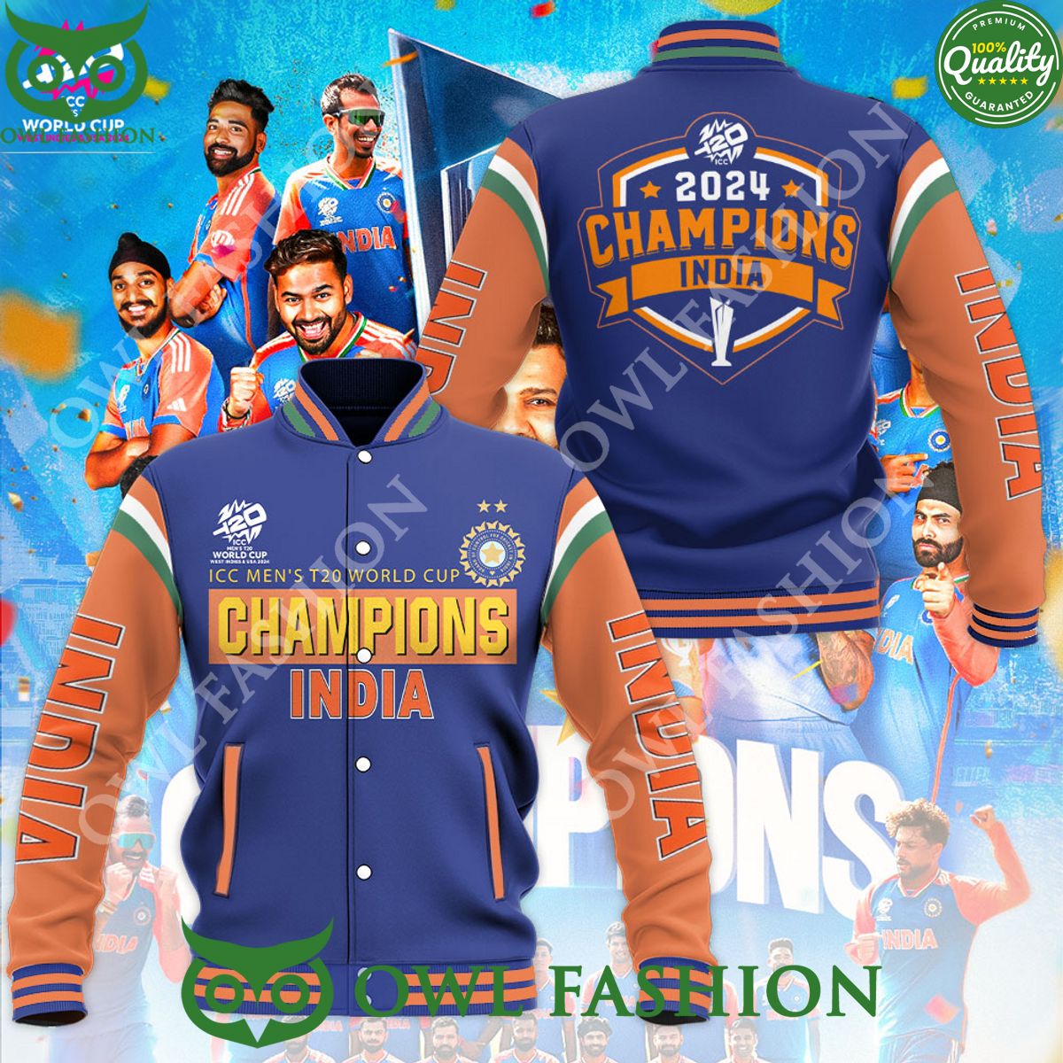 2024 Champion India x ICC mens T20 World Cup Baseball Varsity Jacket