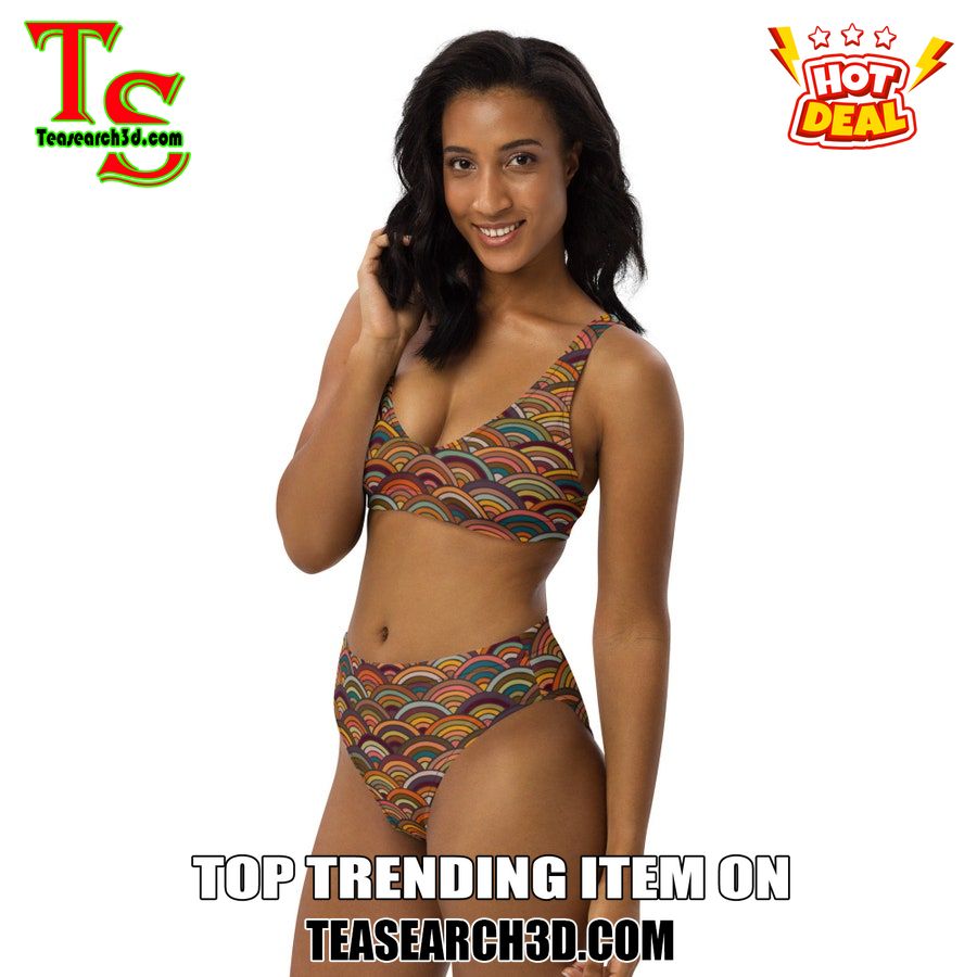 Top Hot Trending Bikini Set Best Gift For Women 4 70s Rainbow Mosaic High Waisted Bikini Set