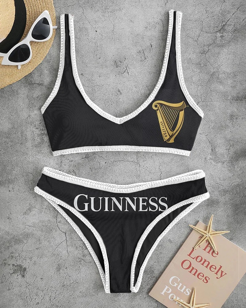 Top Hot Trending Women Drink High Waisted Bikini Sets 17 Guinness Beer Black White High Waisted Bikini Set