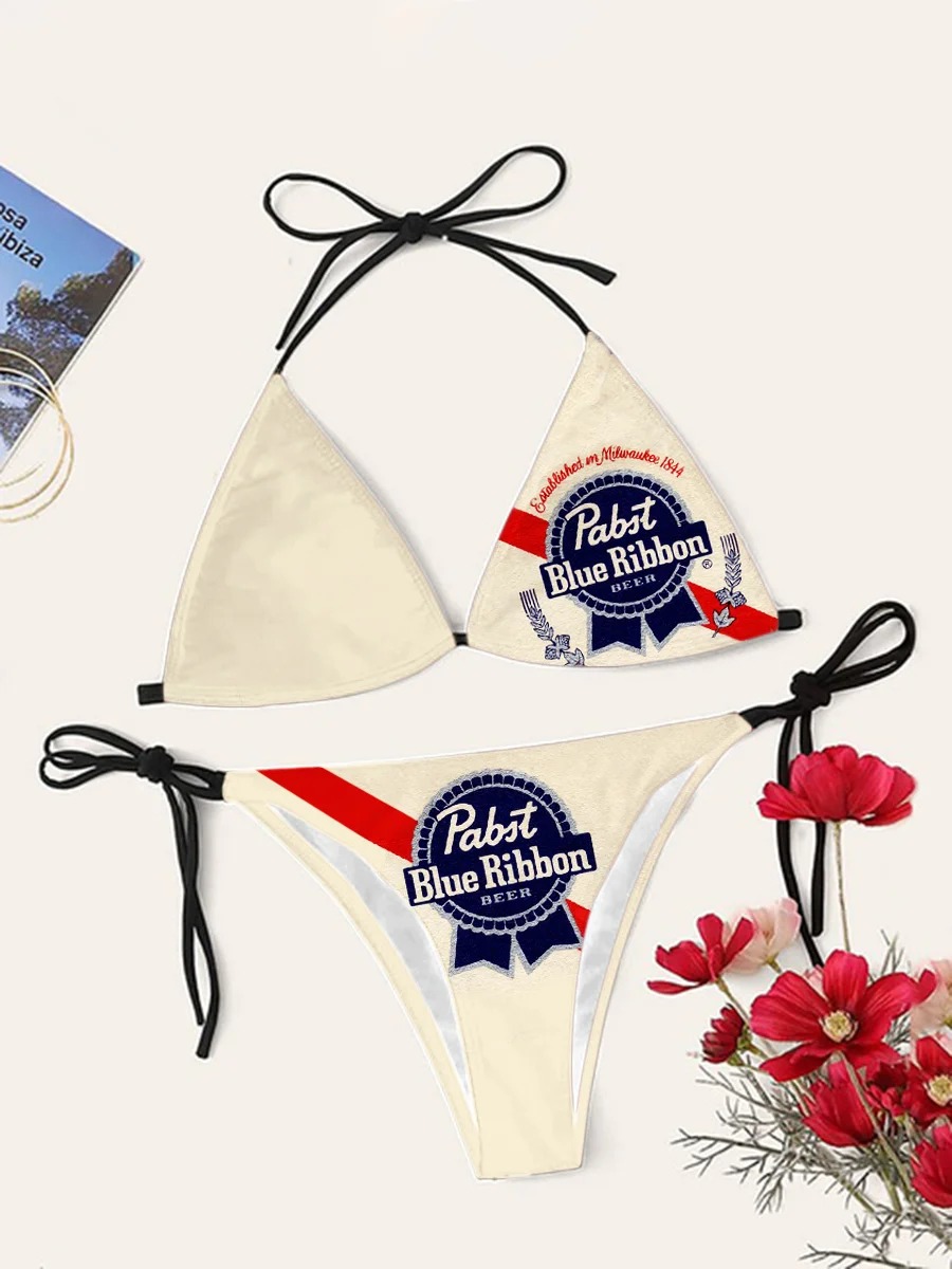 Drink Bikini Women Summer Sale 2024 26 Pabst Blue Ribbon Beige Triangle Bikini Set