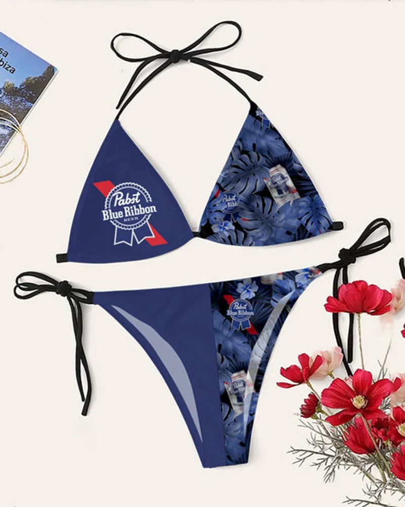 Drink Bikini Women Summer Sale 2024 28 Pabst Blue Ribbon Hisbiscus Flower Triangle Bikini Set