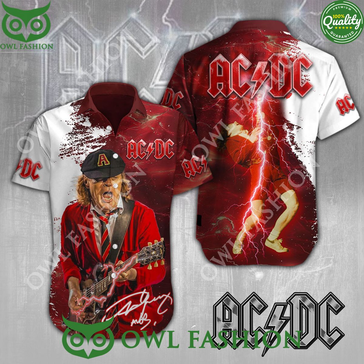 ACDC Rock Angus Young Lightning Red and white hawaiian shirt