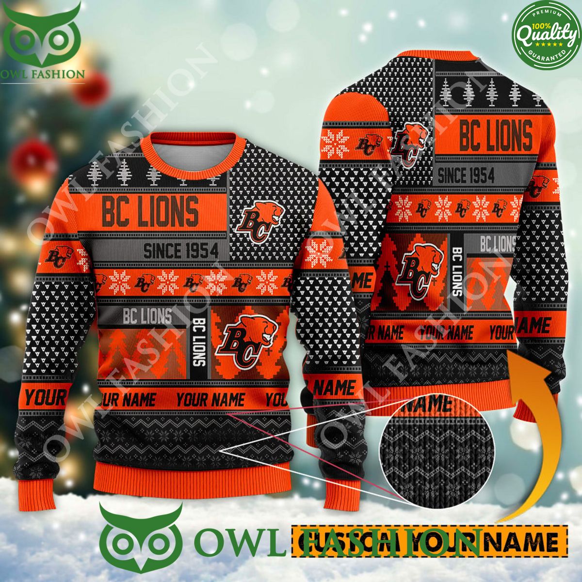 BC Lions since 1954 Custom name CFL Orange Ugly Sweater