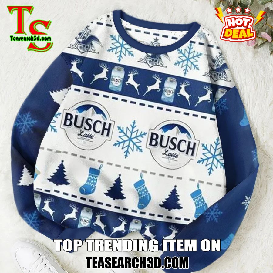 High Quality Drinking Game Ugly Christmas Sweater 3 Busch Latte Beer Ugly Christmas Sweater Navy White