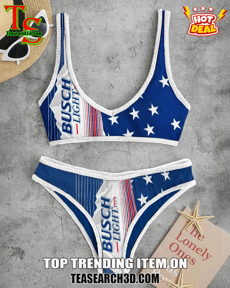 Top Hot Trending Women Drink High Waisted Bikini Sets 2 Busch Light Blue Flag High Waisted Bikini Sets