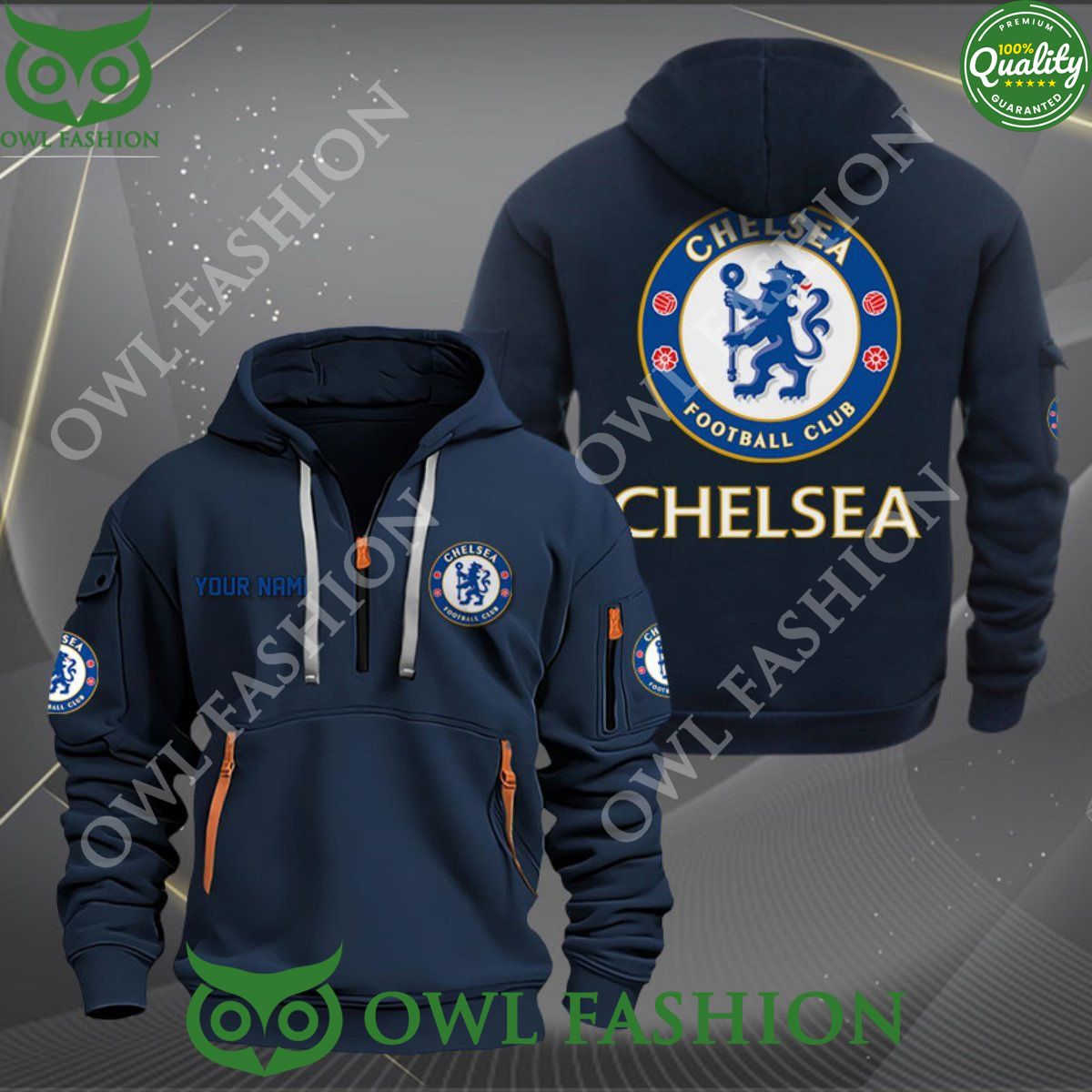 Chelsea Football Champion Custom Name Quarter Zip Hoodie