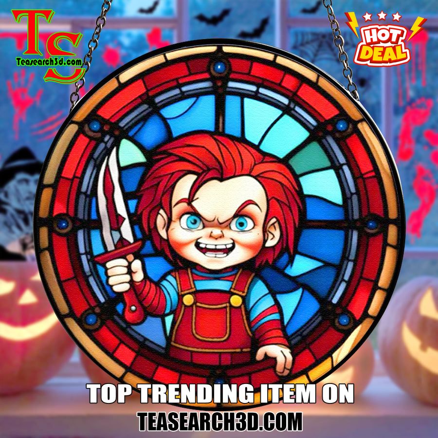 Hot Stained Glass Suncatchers ideas in 2024 3 Chucky Horror Halloween Stained Glass Suncatcher Ornament