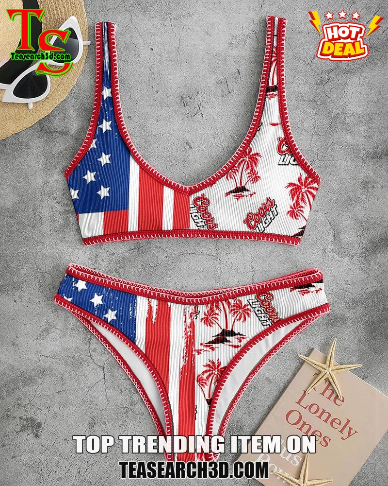 Top Hot Trending Women Drink High Waisted Bikini Sets 8 Coors Light Stripe American Flag High Waisted Bikini Set