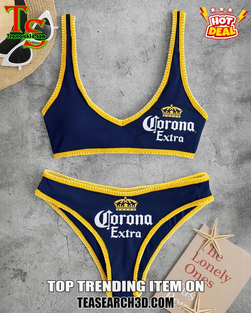 Top Hot Trending Women Drink High Waisted Bikini Sets 10 Corona Extra Navy Blue High Waisted Bikini Sets