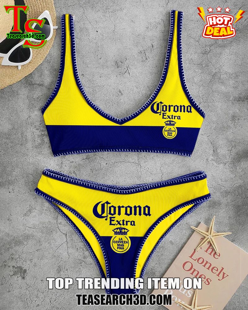 Top Hot Trending Women Drink High Waisted Bikini Sets 11 Corona Extra Yellow and Blue High Waisted Bikini Sets