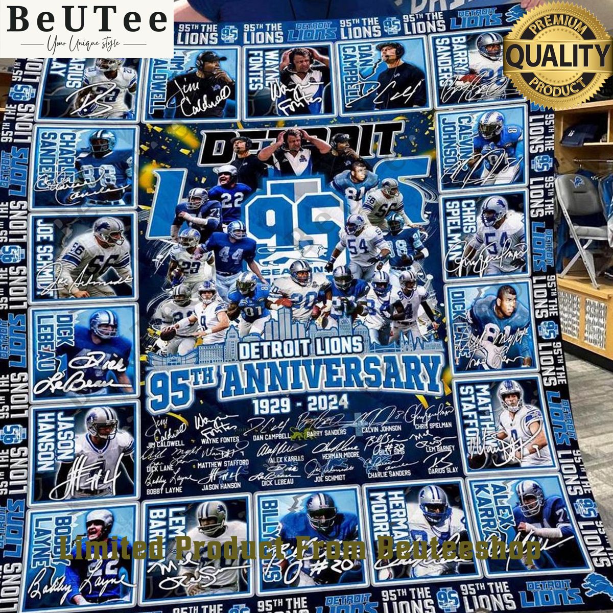 Detroit Lions 95th Anniversary 1929 2024 Premium Quilt Fleece Blanket