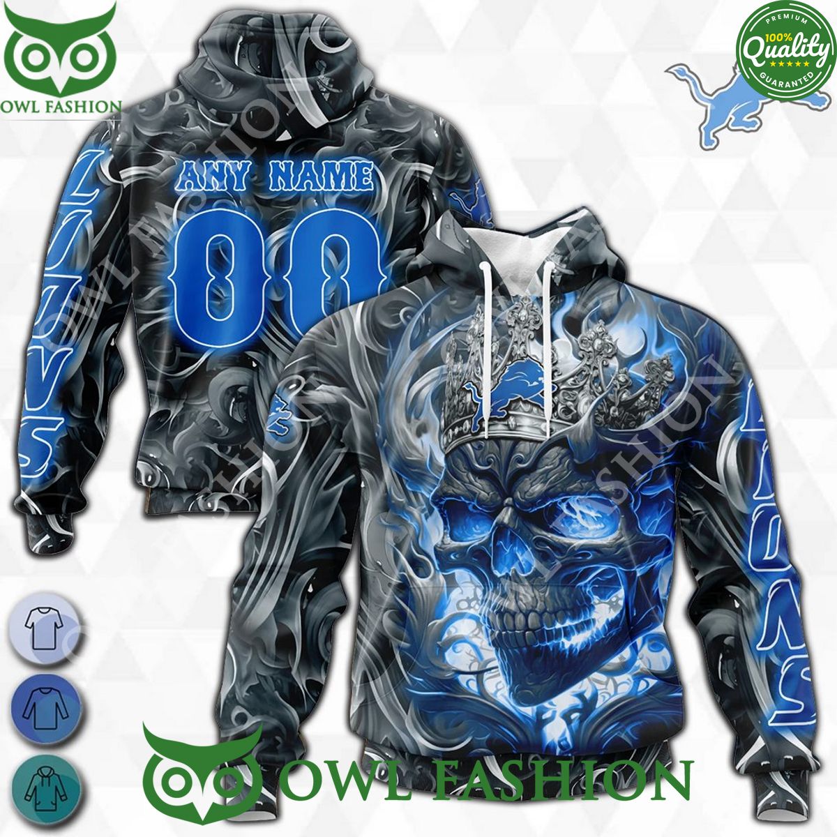 Detroit Lions Custom Name Number Crown Skull NFL Hoodie Shirts