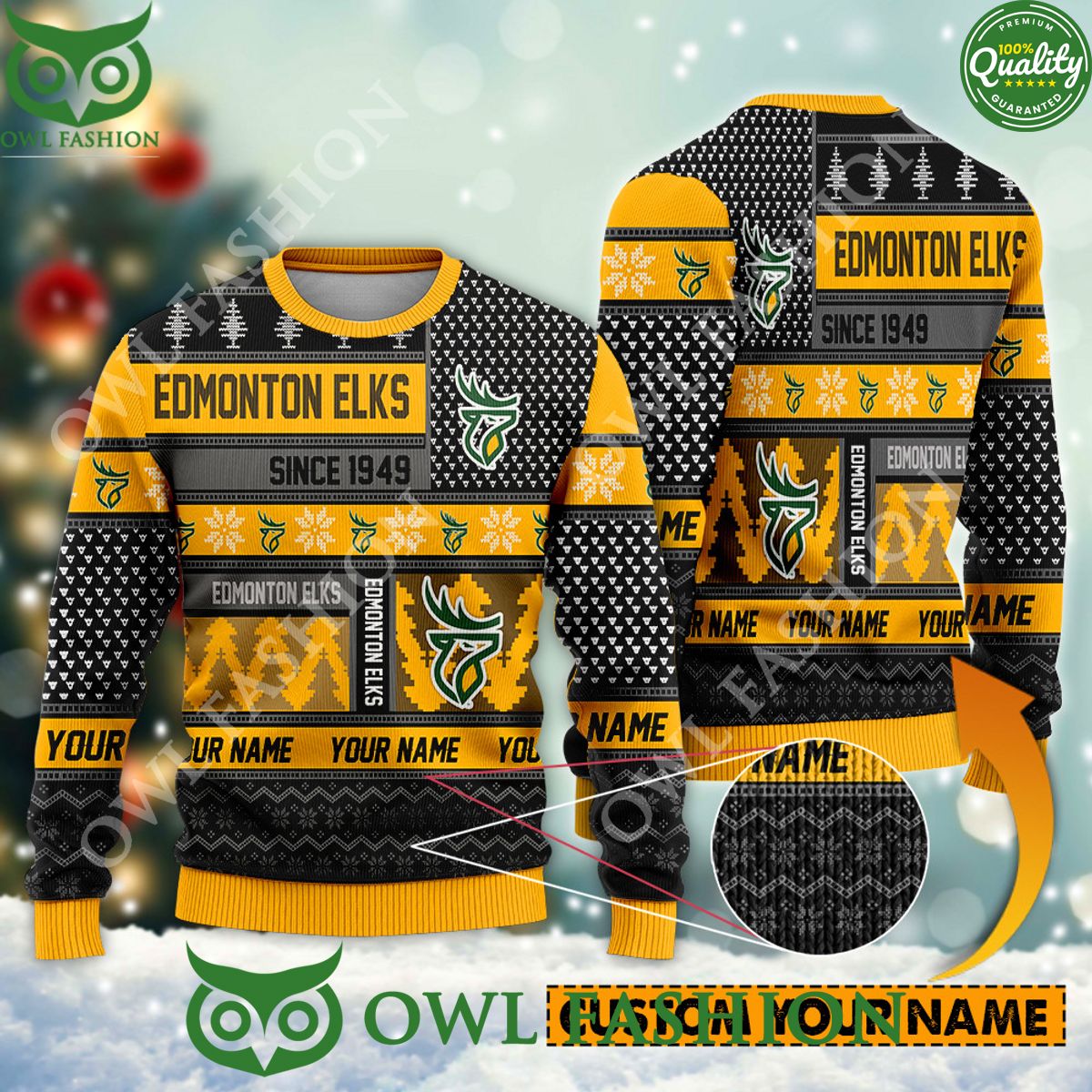 Edmonton Elks since 1949 Custom name CFL Yellow Ugly Sweater