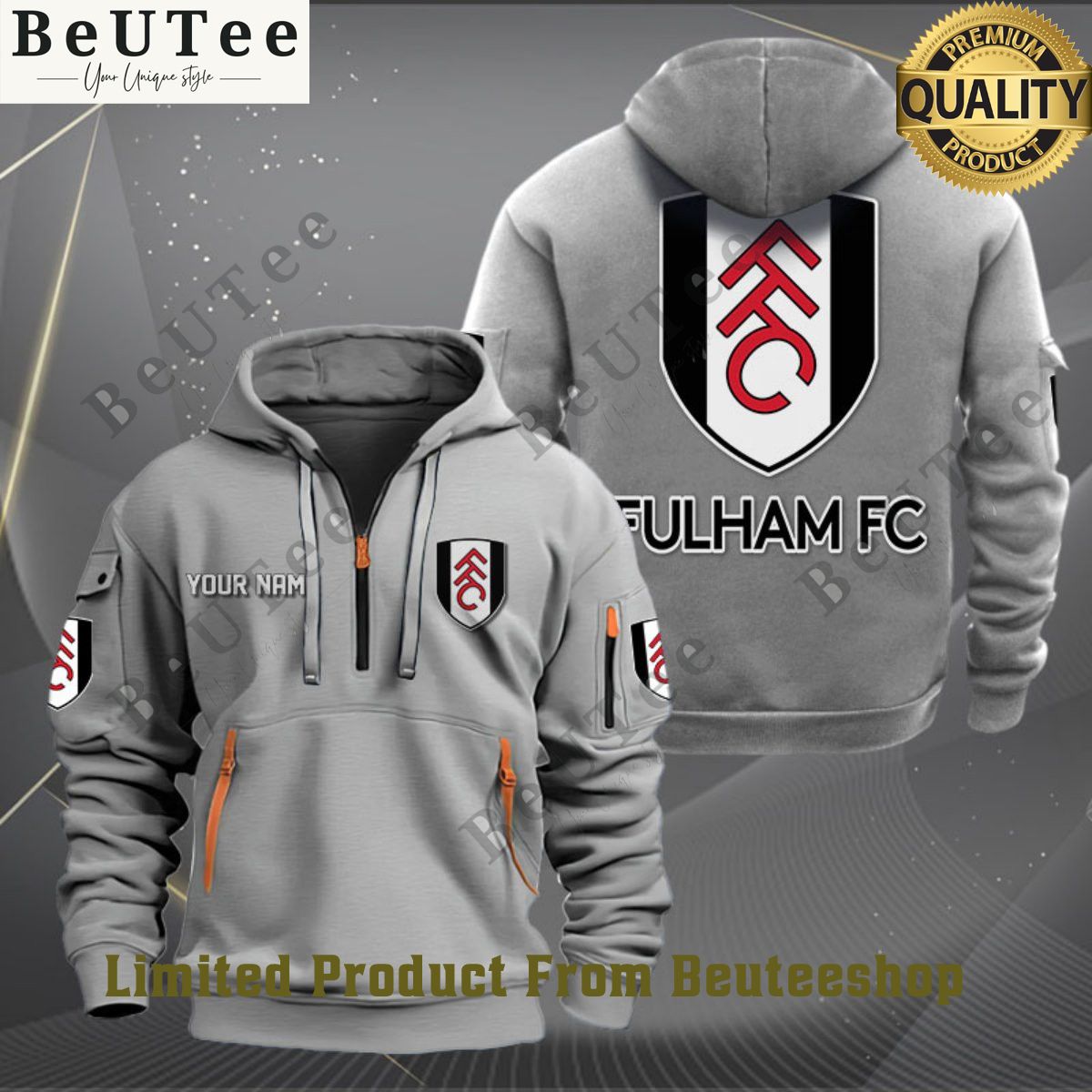 Fulham Football Champion Custom Name Quarter Zip Hoodie