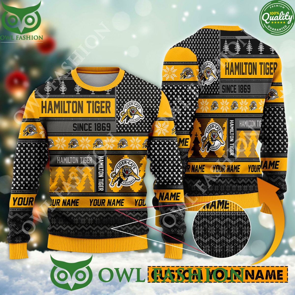 Hamilton Tiger since 1869 Custom name CFL Yellow Ugly Sweater