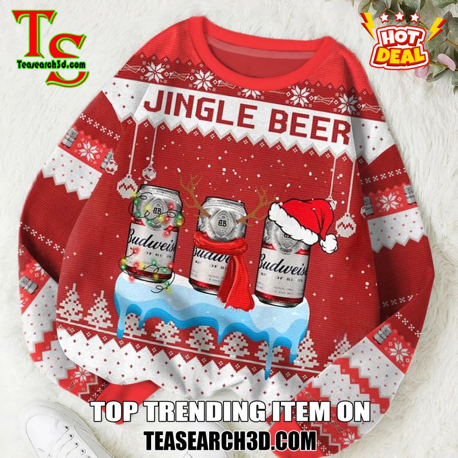 High Quality Drinking Game Ugly Christmas Sweater 19 Jingle Beer Budweiser Red Ugly Christmas Sweater