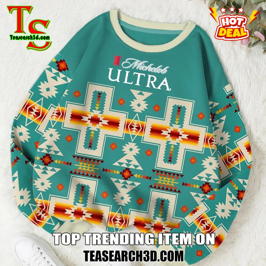 High Quality Drinking Game Ugly Christmas Sweater 24 Michelob Ultra Native American Ugly Christmas Sweater