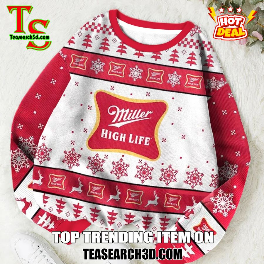 High Quality Drinking Game Ugly Christmas Sweater 25 Miller High Life Red Ugly Christmas Sweater 2024