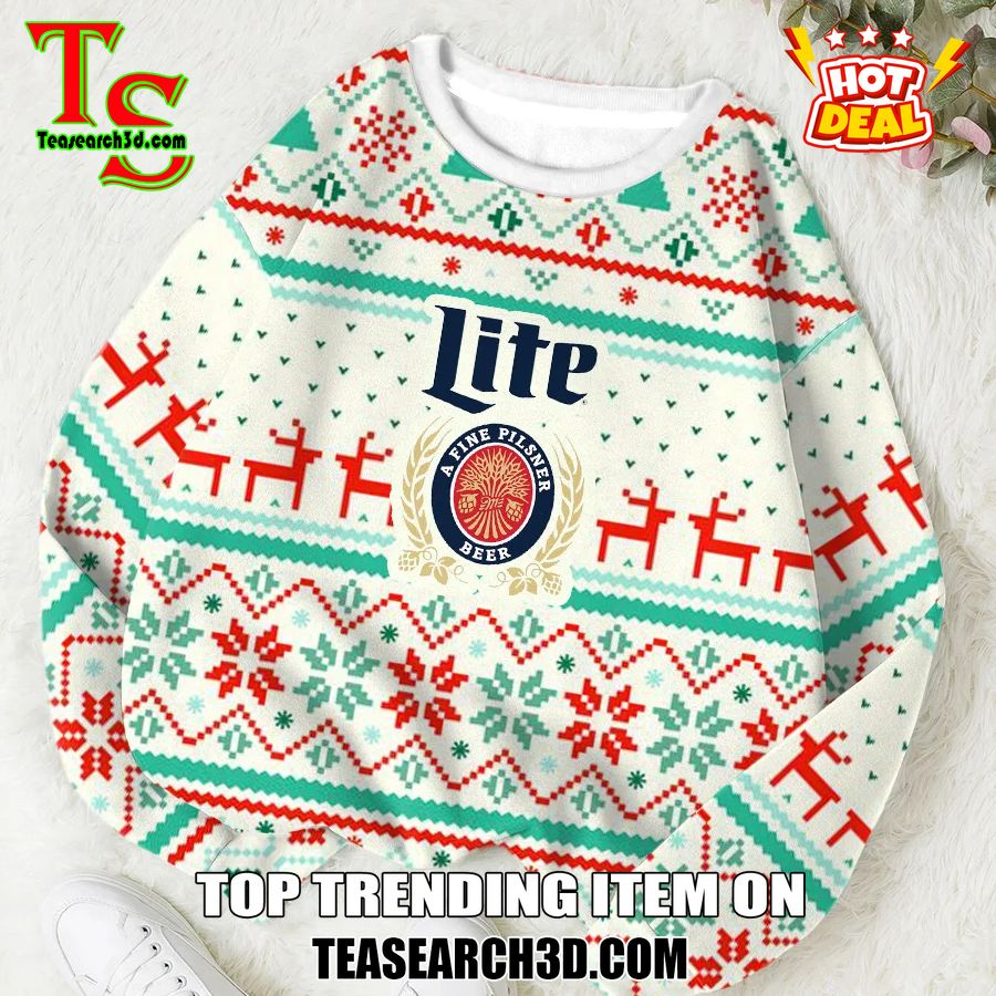 High Quality Drinking Game Ugly Christmas Sweater 26 Miller Lite Geometric Pattern Ugly Christmas Sweater