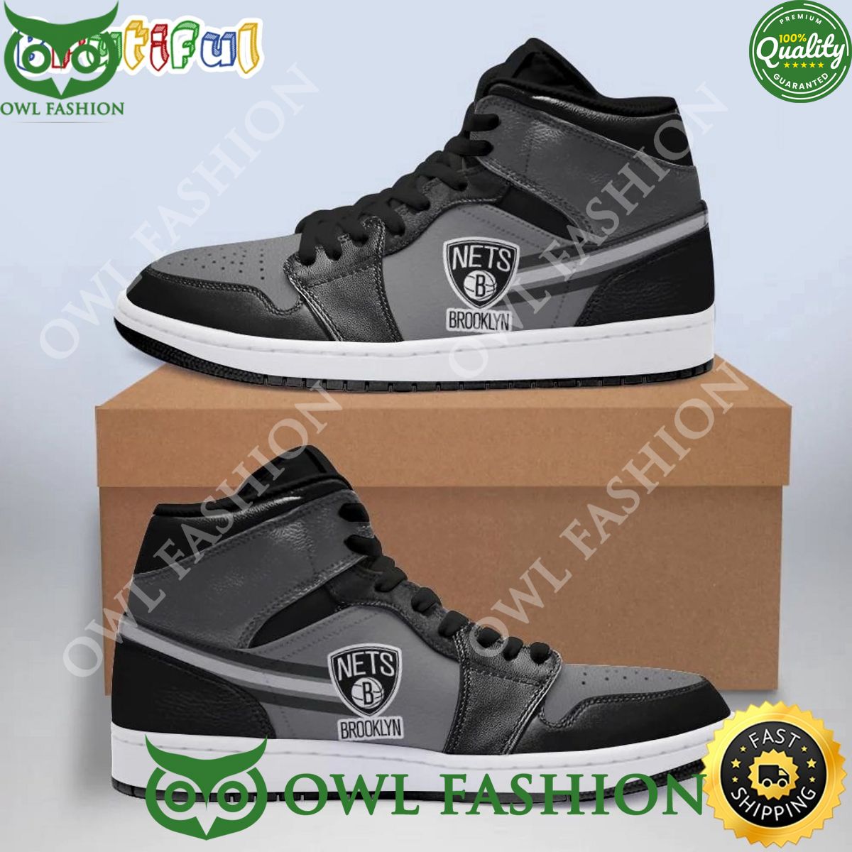 NBA Brooklyn Nets Gray Black Air Jordan 1 High Sneakers