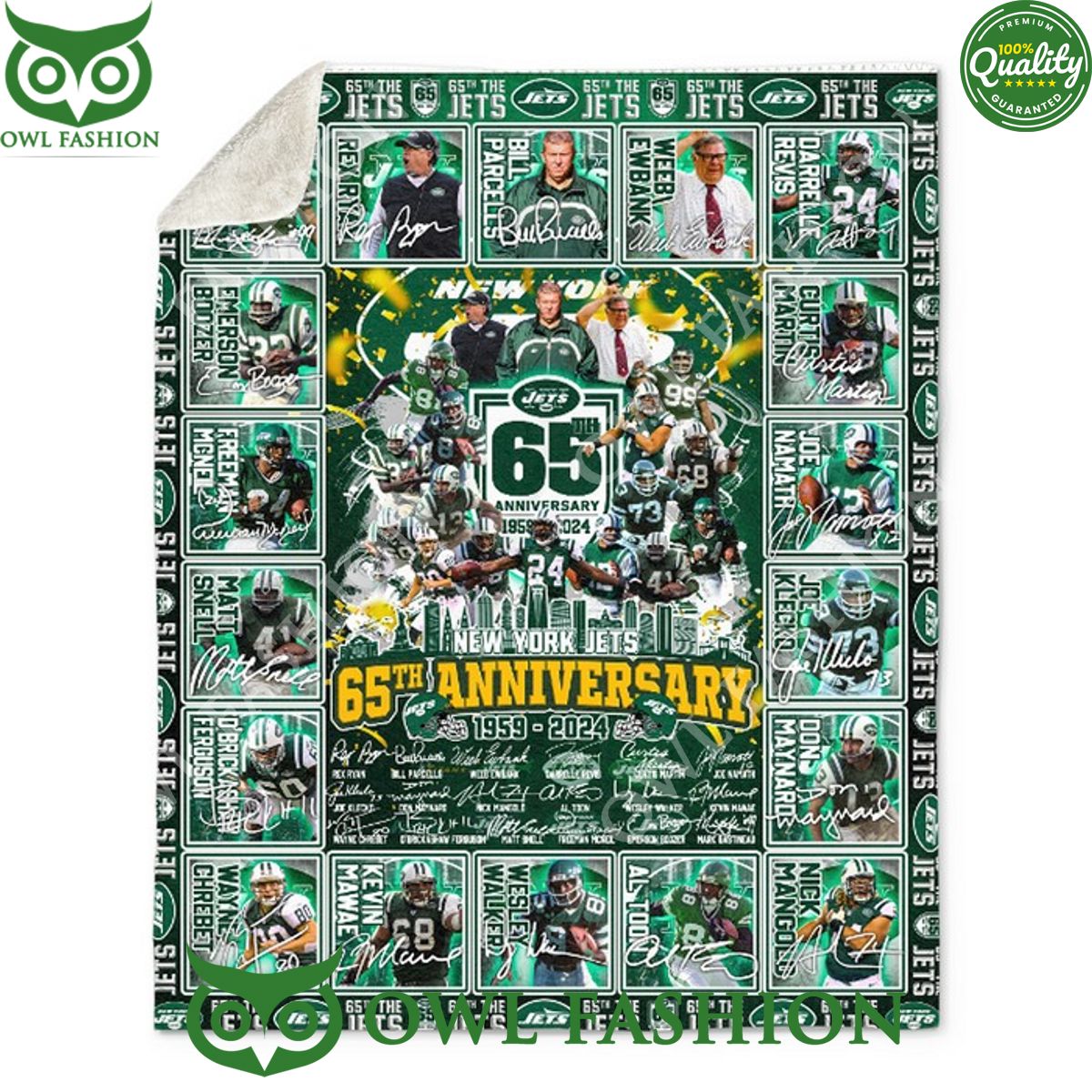 New York Jets 65th Anniversary 1959 2024 Players Signs Fleece Blanket