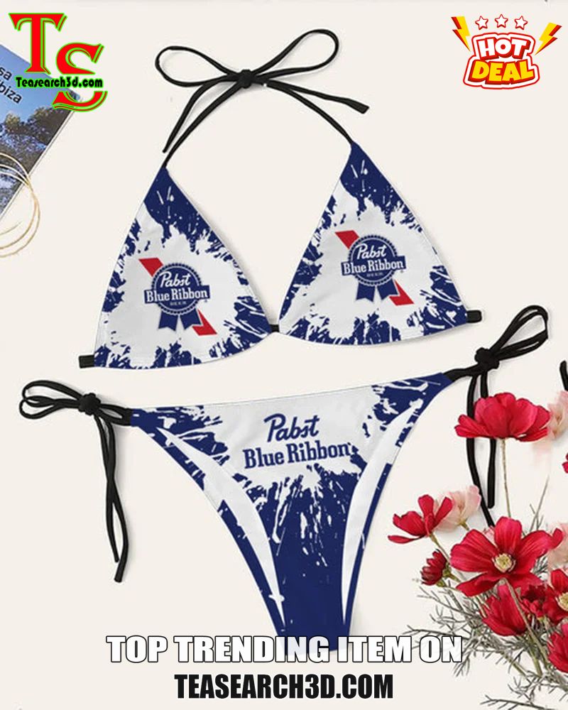 Drink Bikini Women Summer Sale 2024 27 Pabst Blue Ribbon Blue Tie Dye Triangle Bikini Set