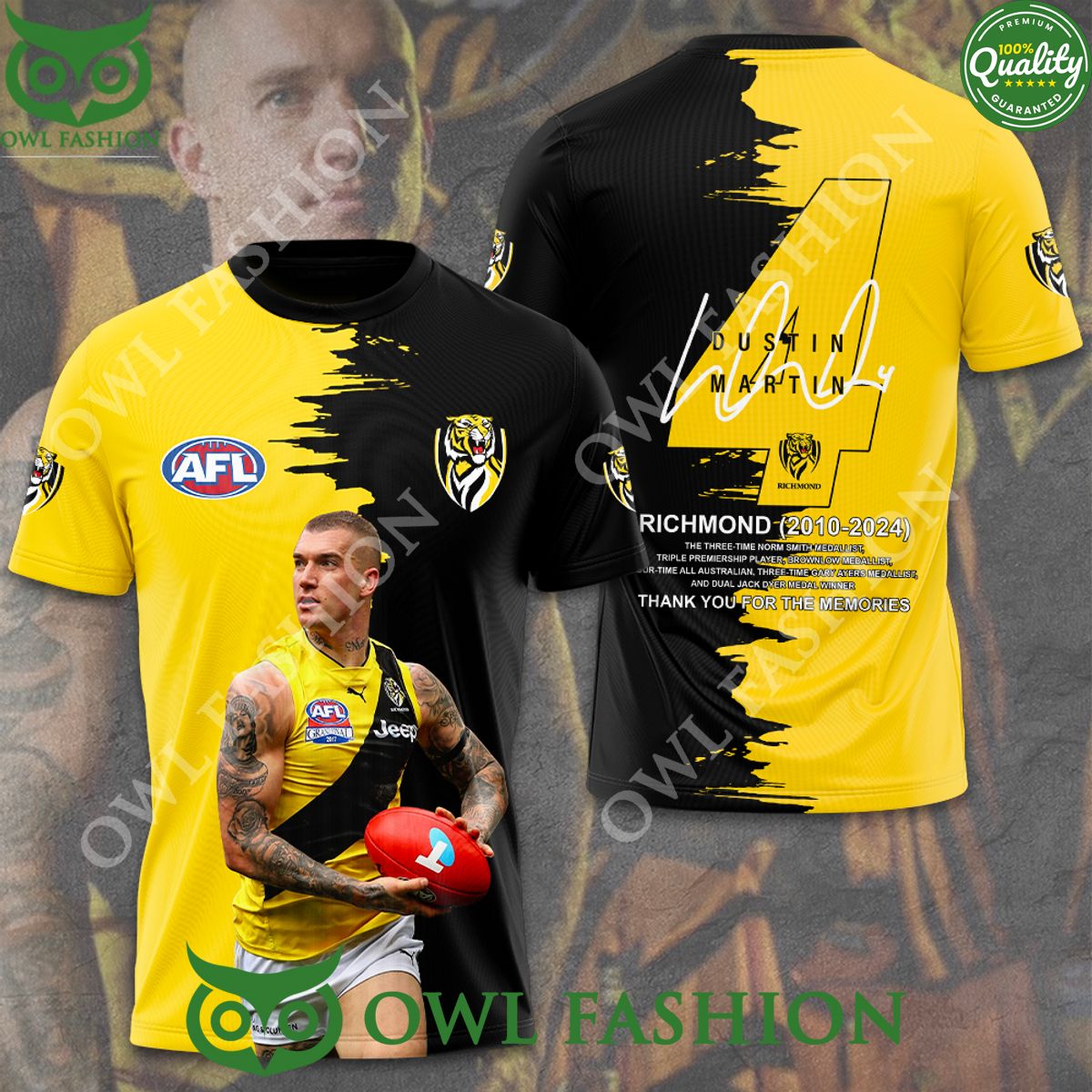 Richmond FC AFL Dustin Martin 2010 2024 thank you for memories 3D t shirt