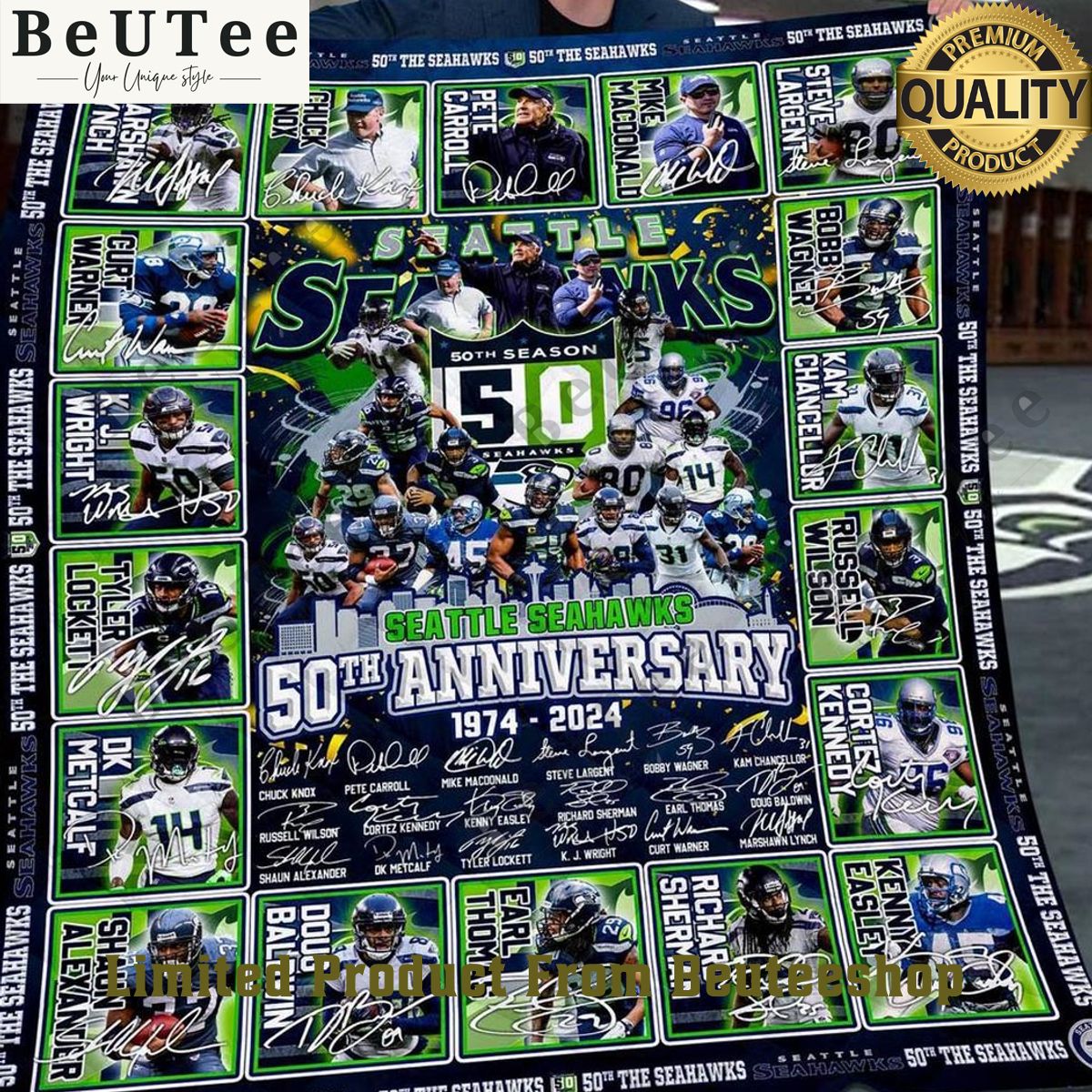 Seattle Seahawks 50th Anniversary 1974 2024 Quilt Fleece Blanket