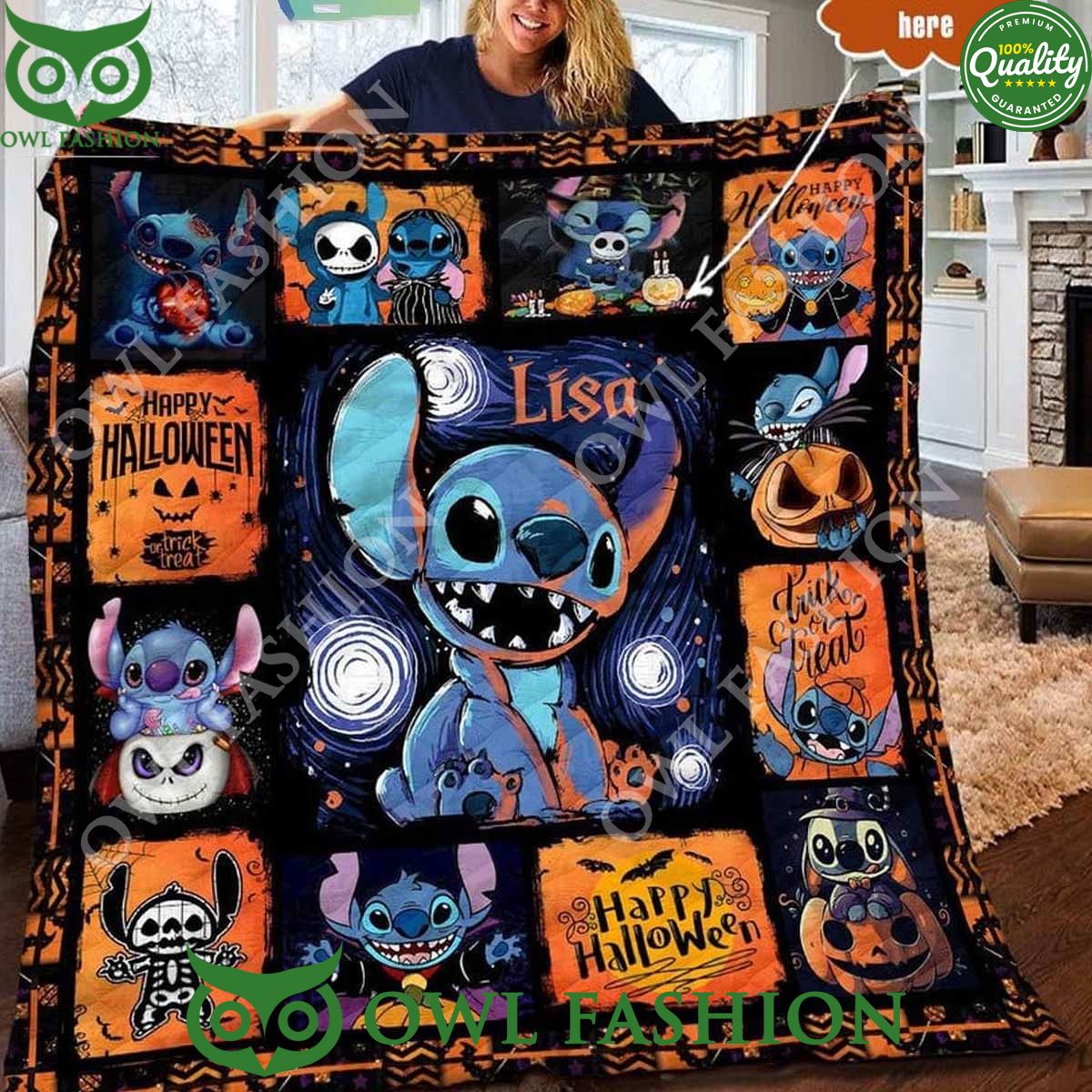 Stitch Screaming In Halloween Personalized Quilt Fleece Blanket