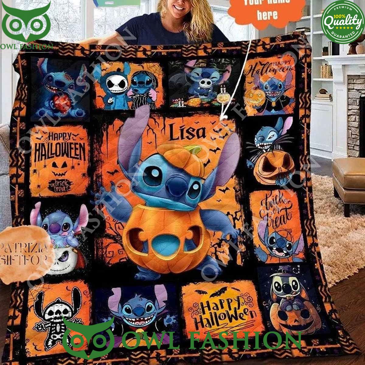 Trick And Treat Stitch Jack O Lantern Personalized Quilt Fleece Blanket