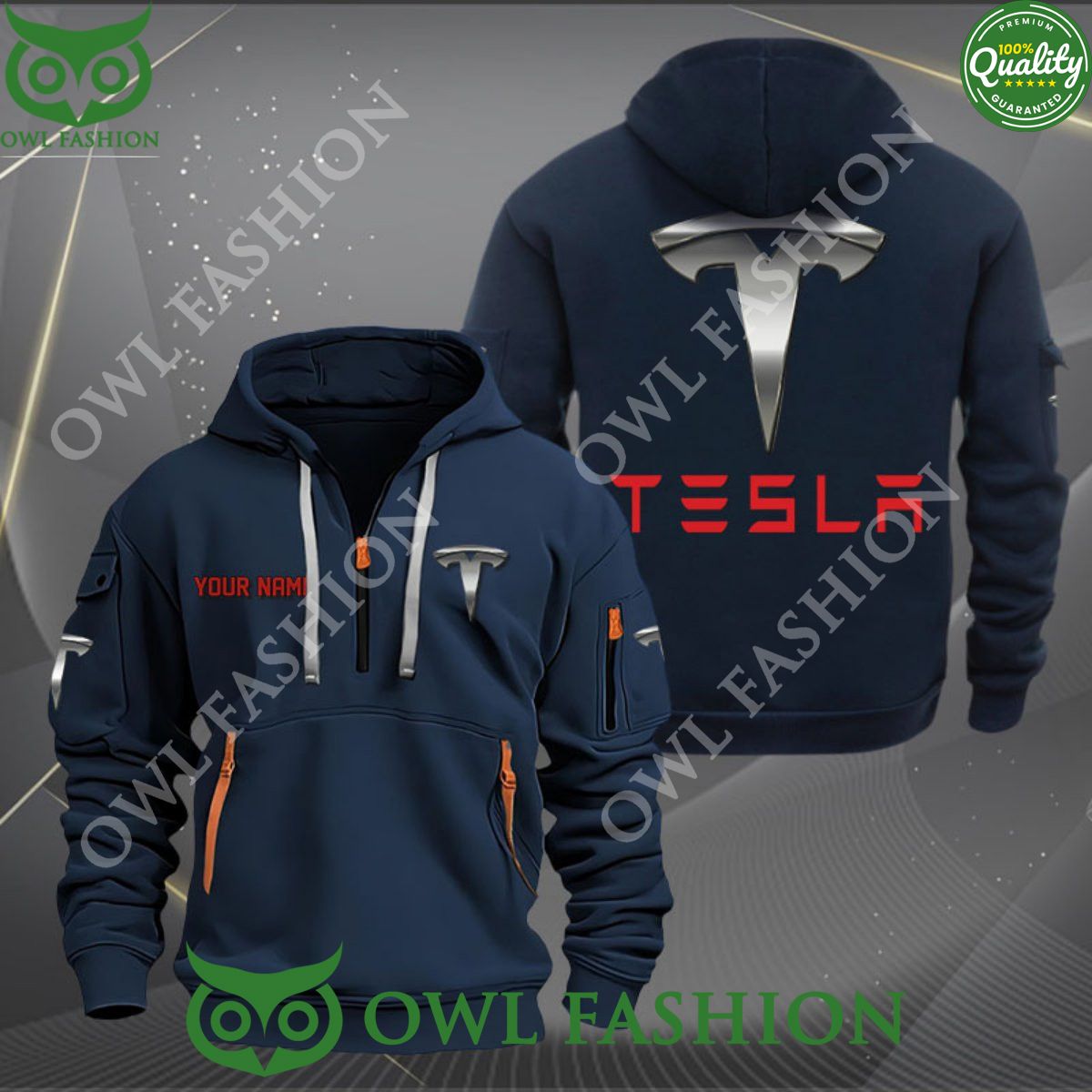 Tesla Automobile Customized Limited 2D Half Zipper Hoodie