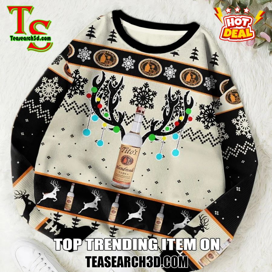 High Quality Drinking Game Ugly Christmas Sweater 28 Tito's Handmade Vodka Antlers Ugly Christmas Sweater