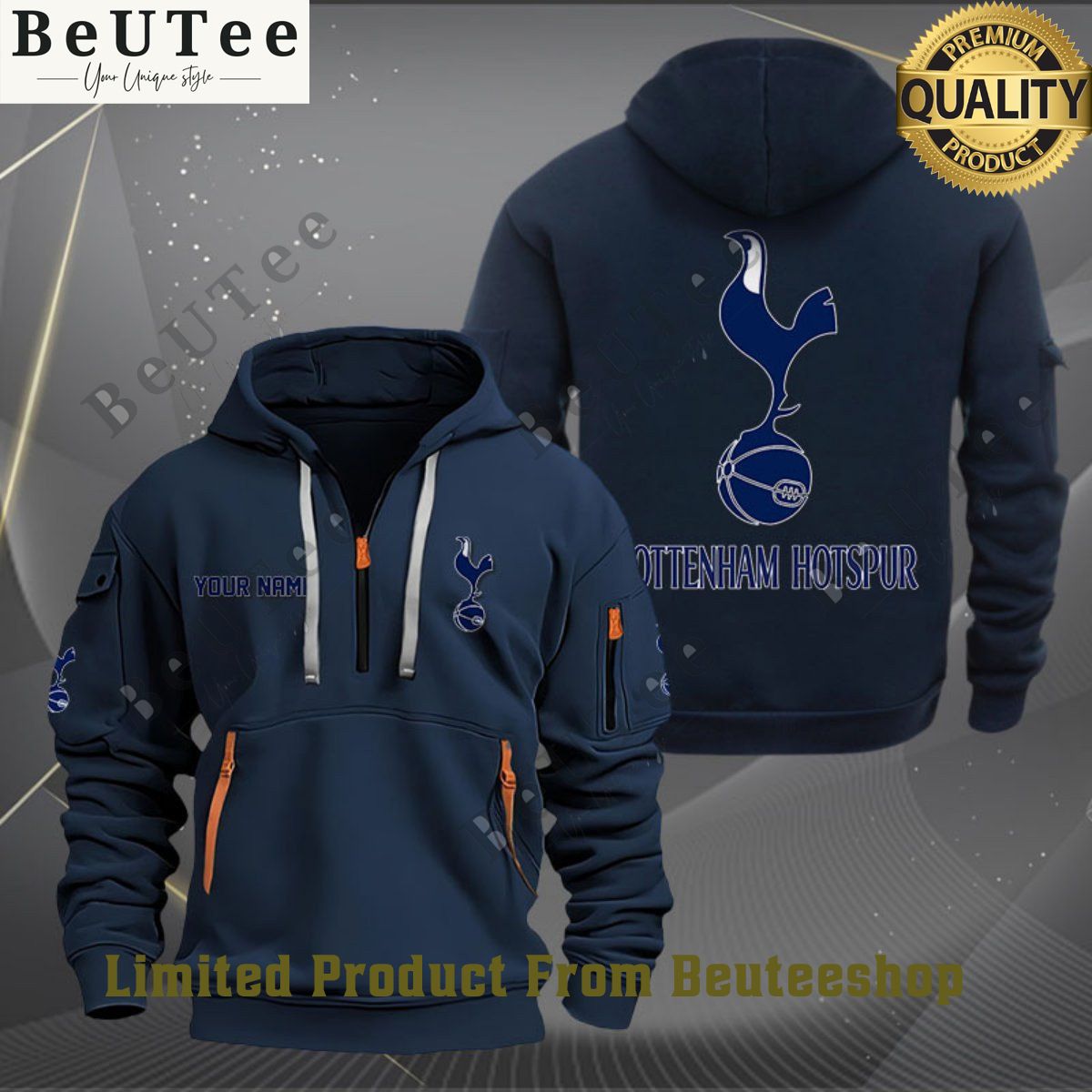 Tottenham Hotspur Football Champion Custom Name Quarter Zip Hoodie