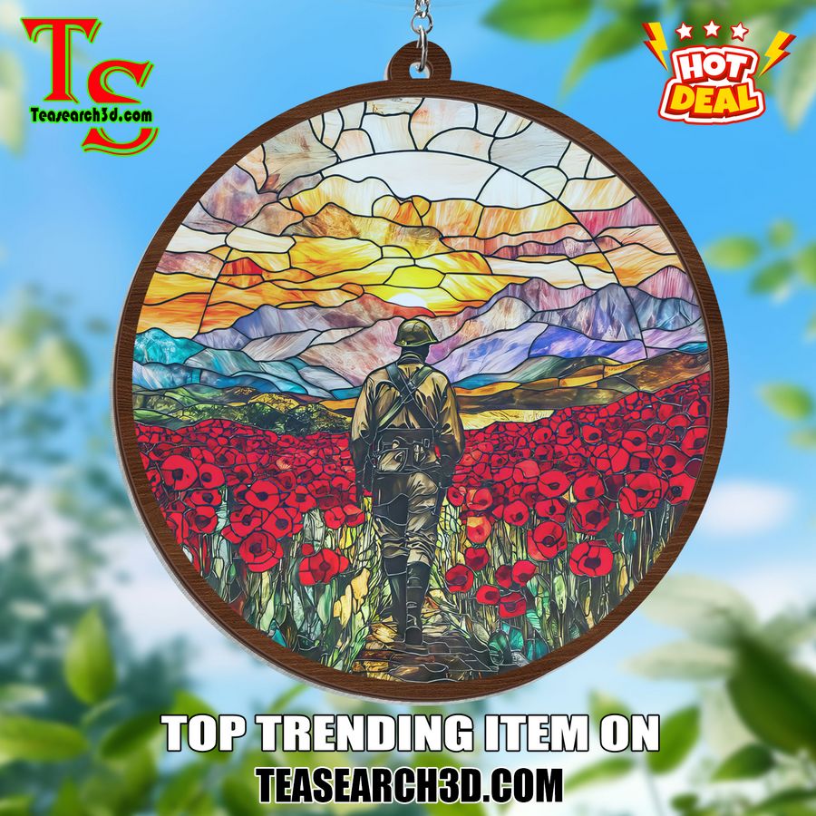 Hot Stained Glass Suncatchers ideas in 2024 29 Veterans Soldier Memorial With Red Flowers Stained Glass Suncatcher