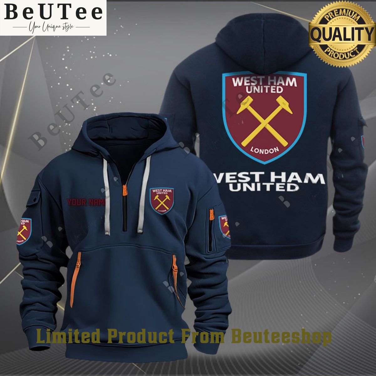 West Ham United Football Champion Custom Name Quarter Zip Hoodie