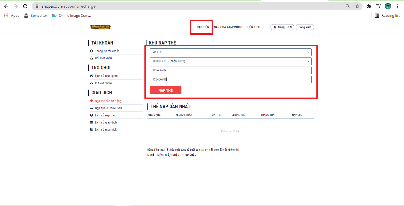 Bước 3.2: Nạp tiền qua thẻ cào điện thoại thuê nick cf
